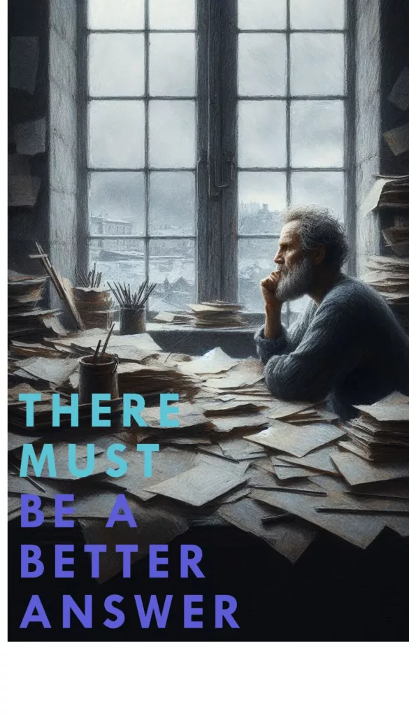 A ruminative artist in a sunlit but cold studio, amidst a disarray of papers and drawings, gazes contemplatively out a vast window bathed in golden light. The figure's furrowed brow hints at deep thought as the warm rays play across the cluttered desk.  The artist's silent reflection is palpable, drawing the viewer into a world of creative introspection and warmth.