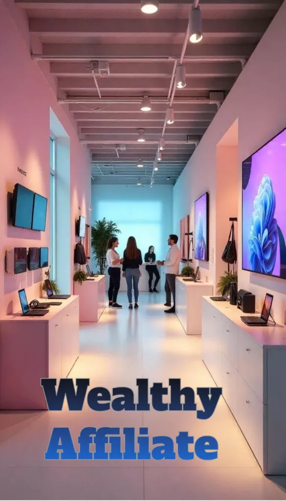 A sleek, modern showroom filled with vibrant, interactive displays. Bright lights illuminate polished floors, showcasing sleek tech gadgets and WordPress-powered sites. A dynamic atmosphere buzzes with enthusiasm and collaboration.