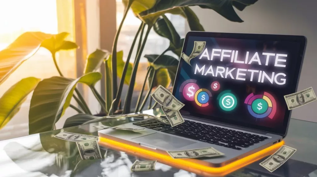 A vibrant digital workspace showcases a glowing laptop with colorful affiliate marketing charts, surrounded by scattered dollar bills. A lush indoor plant flourishes in warm golden sunlight, evoking modern ambition with fresh green hues.