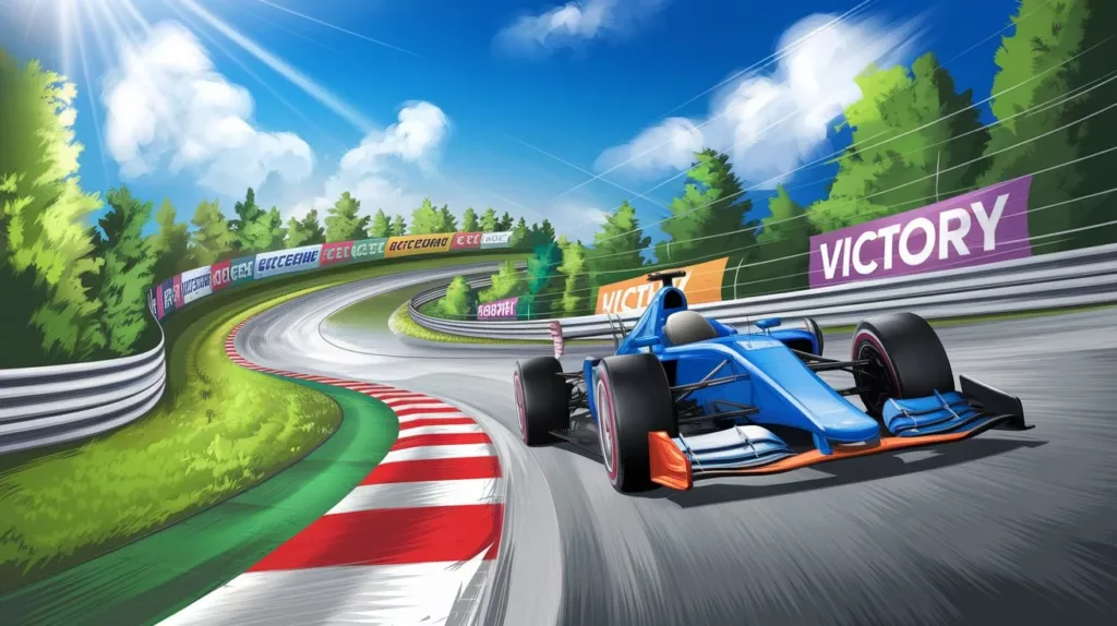 A vibrant scene of a winding racetrack under a bright blue sky. Lush greenery lines the course, dotted with colorful banners celebrating success. The track glimmers with potential, inviting a sleek race car focused on achieving victory. Sunlight casts dramatic shadows, emphasizing the thrill of the competition in a dynamic, motivational style.