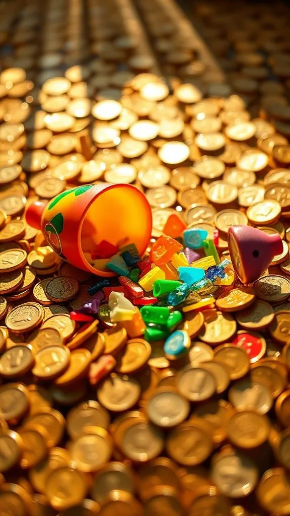 A broken toy on a pile of gold coins.