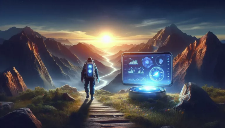 An inspiring and visually captivating scene of a digital explorer standing at the edge of a vast, mountainous landscape. The explorer, equipped with a high-tech compass and a glowing tablet displaying a Google Analytics dashboard, looks confidently towards the horizon. The path ahead is illuminated by soft, digital light, guiding the way through the rugged terrain. The sky should be vibrant, suggesting the promise of new discoveries and growth, with the North Star clearly visible, symbolizing unwavering direction and success. The image should blend elements of adventure with high-tech tools, emphasizing Google Analytics as the essential guide for navigating the complex digital world.