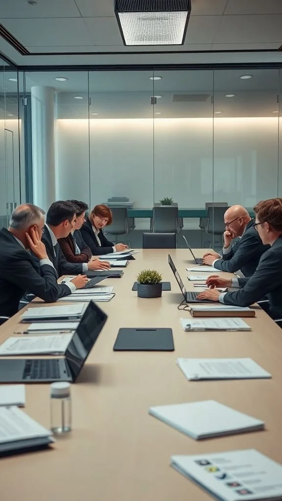 Photo of a tense boardroom scene, with executives debating over a large table, stacks of papers, and laptops.