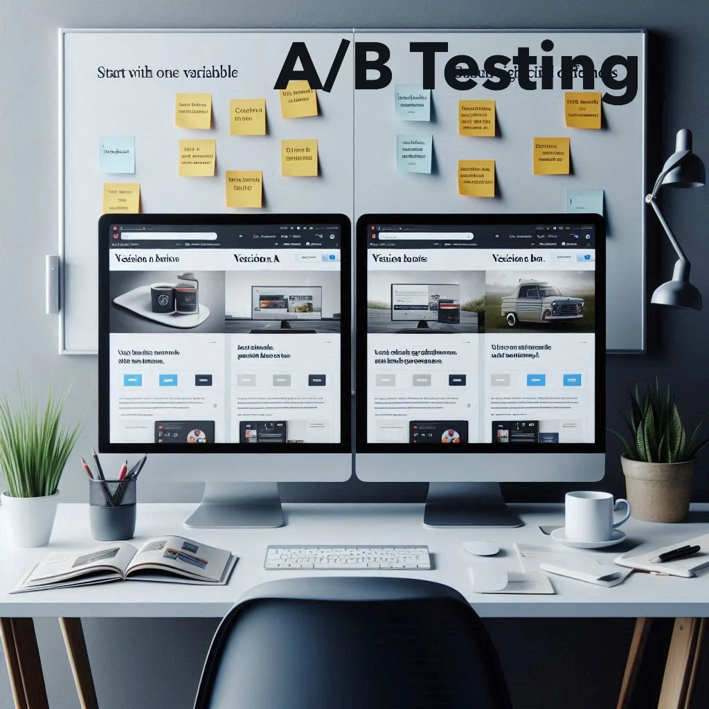 "A sleek, modern workspace with two computer monitors side by side. Each monitor displays different variations of the same ad campaign, labeled 'Version A' and 'Version B.' The ads feature differences in one element, such as the headline or image. Surrounding the monitors are sticky notes and a whiteboard with a checklist that reads: 'Start with One Variable,' 'Test Meaningful Differences,' 'Gather Significant Data,' and 'Use Built-In Tools.' On the desk, there's a cup of coffee, a notepad with doodles and notes on A/B testing strategies, and a smartphone showing social media notifications. The background features a chart tracking ad performance over time. The atmosphere should convey a sense of precision, experimentation, and continuous improvement."