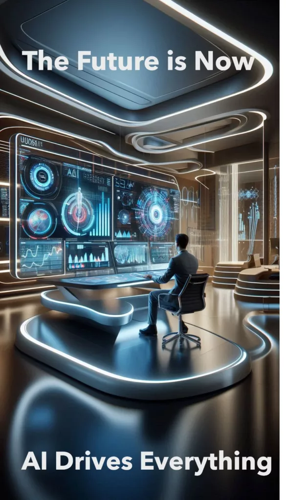 "A sleek, ultra-modern office space with a sci-fi aesthetic, featuring smooth, curved lines and a color palette of cool blues and silvers. In the foreground, a stylish individual, dressed in a high-tech outfit, is seated at a holographic workstation. The desk displays an interactive AI dashboard filled with vibrant, animated graphs, data visualizations, and real-time performance metrics.

Holographic projections of audience insights and personalized ad strategies hover above the workstation, showcasing elements like 'Advanced Targeting Algorithms' and 'Dynamic Content Personalization.' Surrounding the workstation are sleek, futuristic gadgets: a robotic assistant offering suggestions and ambient LED lighting that changes color based on data inputs. The atmosphere is vibrant and energetic, evoking a sense of innovation and the cutting-edge capabilities of AI in transforming paid social media marketing."