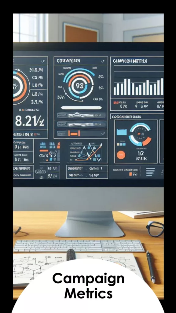 "A bright, organized office space with a large computer monitor displaying a detailed analytics dashboard. The dashboard shows various Key Performance Indicators (KPIs) such as Click-Through Rate (CTR), Conversion Rate, Cost Per Click (CPC), Return on Ad Spend (ROAS), and Engagement Rate. Next to the monitor, there's a notepad with a handwritten diagram breaking down these KPIs and their relationships. The diagram is labeled 'Campaign Metrics' with arrows pointing to each KPI and notes explaining their significance. Surrounding the workspace are sticky notes and charts pinned to a corkboard, highlighting trends and insights. On the desk, there are pens, a coffee mug, and a tablet showing real-time updates. The atmosphere should convey a sense of analytical focus, data-driven decision-making, and continuous monitoring for optimization."