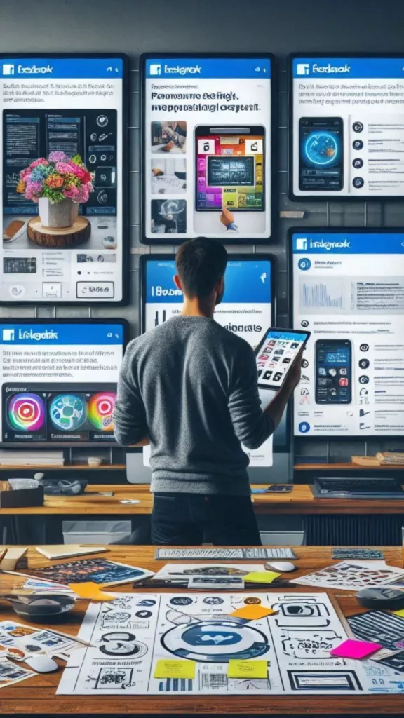 A creative workspace with a large, multi-screen setup displaying various social media ad formats: Facebook image ads, Instagram Stories, LinkedIn Sponsored Content, Twitter Promoted Tweets, and more. Each screen showcases a different ad format in action, while a person is seen thoughtfully analyzing them, holding a tablet with audience insights and engagement metrics. On the desk, there are sticky notes and sketches outlining different ad strategies, resembling a chef's recipe cards. The background features a collage of diverse audience personas, representing different target demographics. The scene captures the essence of experimentation, strategy, and matching ad formats to objectives and audience preferences, with an emphasis on thoughtful selection over flashy expenditure.