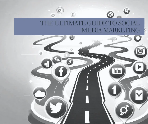 Central Path or Road: A clear, winding path or road that starts at the bottom of the image, representing the beginning of the social media marketing journey. The path should be smooth, leading upward or forward, symbolizing growth and progress. Social Media Icons: Alongside the path, include recognizable icons of key social media platforms (Facebook, Twitter, Instagram, LinkedIn, YouTube). These icons should be placed in a way that suggests they are milestones or tools on the journey. They can be subtly integrated into the landscape, such as emerging from the ground or floating along the path. Background and Environment: The background should feature a gradient from lighter tones (like light blue or white) at the start of the path to darker, richer tones (like deep blue or black) as the path progresses, representing the transition from zero to mastery. Incorporate abstract elements like light beams or digital patterns to suggest technology and progress. Symbol of Success: At the end of the path, place a subtle yet strong symbol of success, such as a glowing star, an upward-pointing arrow, or a bright horizon. This symbolizes the ultimate goal of mastering social media marketing.