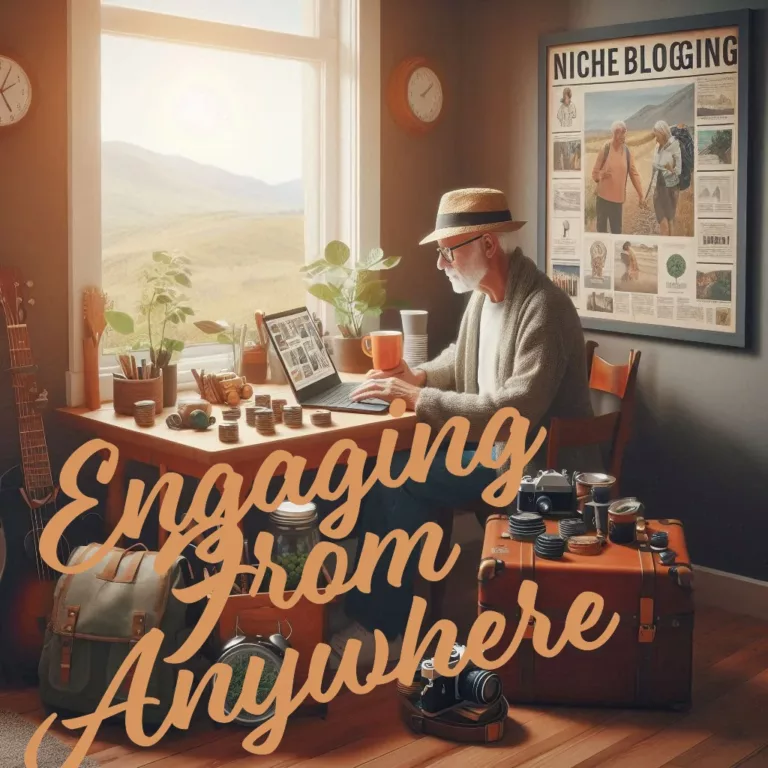 A serene image of a retiree sitting at a cozy desk, working on a laptop, surrounded by personal items that reflect their niche interest (e.g., hiking gear for a travel blog, gardening tools for a gardening blog). The background should feature a window with a view of nature, symbolizing freedom and financial security. The scene should convey a sense of tranquility, productivity, and the joy of turning a passion into a source of income, illustrating the concept of niche blogging as a pathway to financial independence in retirement.