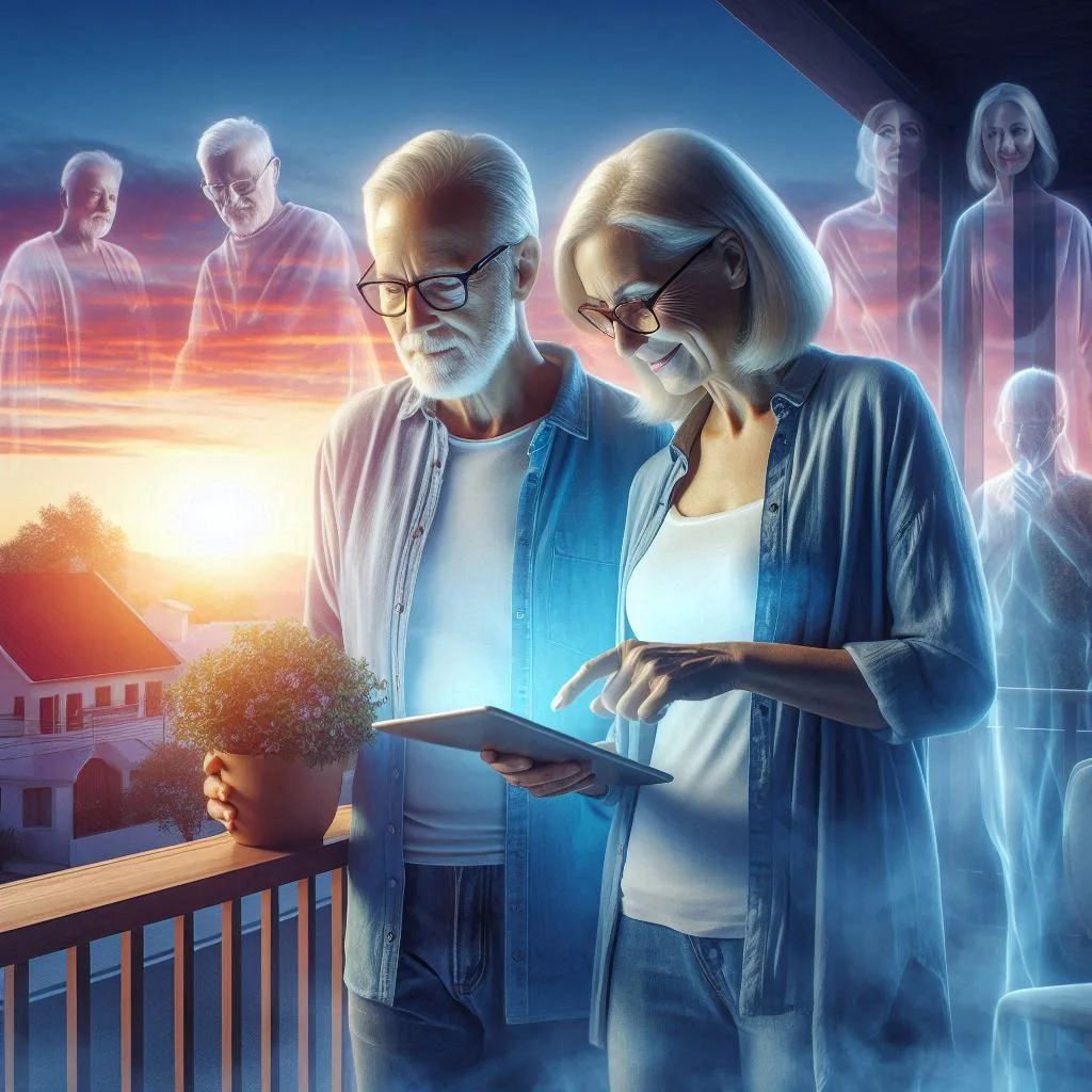 "A serene morning scene where an older couple in their early 60s is standing on the balcony of a comfortable home, overlooking a beautiful sunrise. Their expressions are a mix of surprise and joy as they view a digital tablet showing their retirement savings doubled overnight. In the background, ghostly shadows of people with stressed expressions are fading away, symbolizing the fears of working indefinitely or selling possessions to survive. Instead, the couple is surrounded by vibrant symbols of paid social media strategies: targeted ads, budget plans, and audience analytics, illustrating their path to financial growth. The photo captures a blend of hope, wisdom, and practical steps towards leveraging paid social media for a secure retirement."