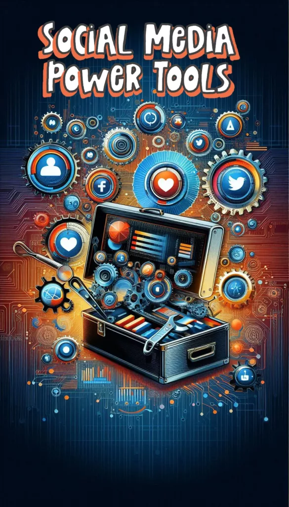 Create a visually striking composition that represents the concept of 'Power Tools' for social media. Imagine a high-tech toolbox or digital control panel, with various social media icons and analytics graphs emerging from it. Include elements like gears or levers to symbolize automation and efficiency. The background should have a sleek, modern design with tech-inspired patterns to emphasize the advanced nature of these tools. Incorporate bright, engaging colors like blues and greens to highlight the dynamic and impactful nature of leveraging social media tools. The image should convey a sense of empowerment and strategic advantage in building and growing an online presence."