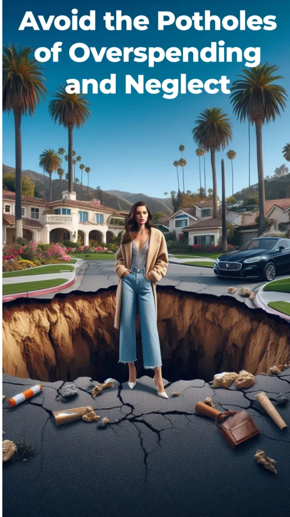 "A picturesque Malibu neighborhood with luxurious homes and palm trees under a clear blue sky. In the foreground, there is a strikingly beautiful resident dressed in stylish, casual attire, standing near the edge of a dramatic sinkhole that has appeared in the middle of an otherwise pristine street. The sinkhole is surrounded by warning signs and barriers labeled with social media advertising pitfalls like 'Overspending,' 'Poor Targeting,' 'Low Engagement,' and 'Ad Fatigue.'

The resident looks both concerned and contemplative, symbolizing awareness of the potential dangers. Around the sinkhole, there are visual cues of strategic tools: a high-end notebook with notes titled 'How to Avoid Pitfalls,' a smartphone displaying social media analytics, and a tablet showing a roadmap with safe routes labeled 'Set Clear Budgets,' 'Refine Audience,' 'Engage Creatively,' and 'Monitor Performance.'

The scene combines the natural beauty and elegance of Malibu with the striking visual of the sinkhole, emphasizing the importance of navigating around common pitfalls in social media advertising while maintaining a strategic and aware approach."