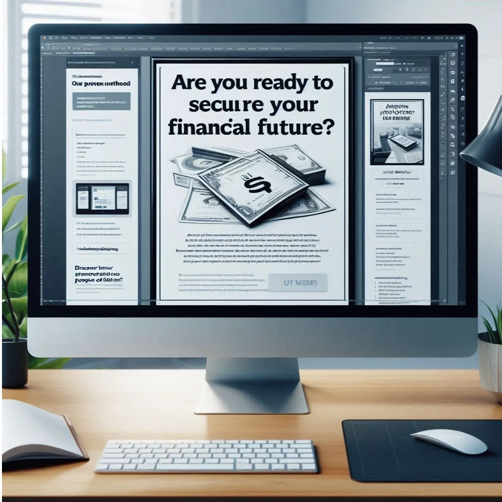 A modern, tidy workspace with a computer monitor displaying a split-screen view. On one side, there's a text editor showing an ad headline in bold: 'Are You Ready to Secure Your Financial Future?' The first line of the ad copy underneath begins to answer the question: 'Discover how our proven method can give you peace of mind.' The other side of the screen shows a list of tips for creating a strong hook, such as 'Answer the Question,' 'Create Curiosity,' and 'Engage Emotionally.' The desk is organized with a notepad, pens, and sticky notes with brief ad copy drafts. The background features a bulletin board with pinned inspirational headlines and hooks. The atmosphere should convey a sense of focus, creativity, and strategic thinking, emphasizing the importance of starting with a strong hook that builds on the headline."