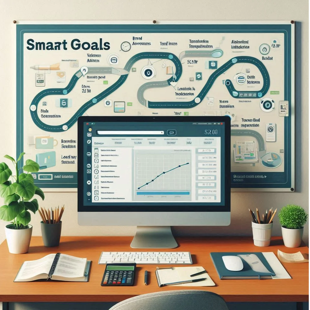 "A neatly organized desk with a computer displaying an open dashboard for social media ads, surrounded by a few essential items: a calculator, a cup of coffee, and a notebook with a SMART goals checklist written on it. On the wall behind the desk, a large, clear roadmap is pinned, showing a planned journey with milestones labeled as 'Brand Awareness,' 'Traffic Increase,' and 'Lead Generation.' The roadmap has small budget markers along the way, starting modestly and gradually increasing. The photo should convey a sense of careful planning and strategic budgeting, highlighting the balance between not overspending and not underfunding campaigns. The atmosphere is one of thoughtful preparation, with an emphasis on setting clear objectives and scaling up wisely."