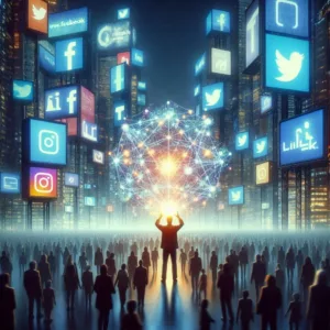 A person standing at the center of a vast, bustling cityscape, surrounded by towering billboards and neon signs representing various social media platforms (like Facebook, Twitter, Instagram, LinkedIn). The person holds a glowing, interconnected web in their hands, symbolizing their unique knowledge and the vast potential to reach and help others. The backdrop includes smaller figures emerging from shadows, gradually being illuminated by the glow from the web, indicating the growth in audience and the eventual monetary gains through helping others. The cityscape should be dynamic and energetic, reflecting the buzz and opportunity of social media advertising.