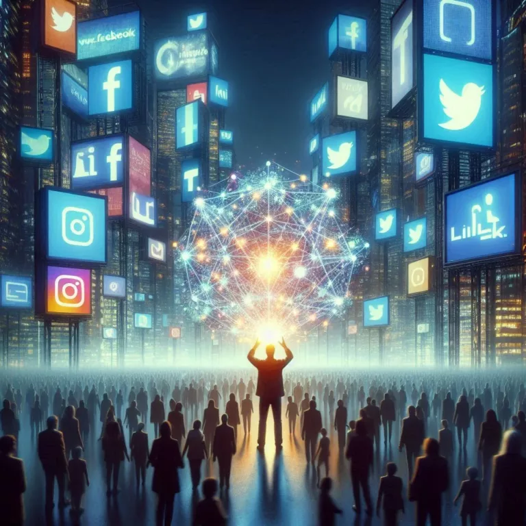 A person standing at the center of a vast, bustling cityscape, surrounded by towering billboards and neon signs representing various social media platforms (like Facebook, Twitter, Instagram, LinkedIn). The person holds a glowing, interconnected web in their hands, symbolizing their unique knowledge and the vast potential to reach and help others. The backdrop includes smaller figures emerging from shadows, gradually being illuminated by the glow from the web, indicating the growth in audience and the eventual monetary gains through helping others. The cityscape should be dynamic and energetic, reflecting the buzz and opportunity of social media advertising.