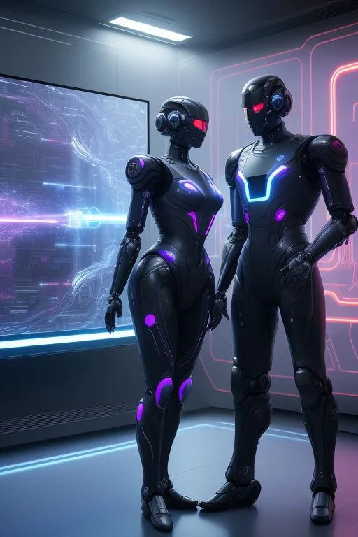 Two sleek, futuristic robots, lit by neon lights, engage in a heated debate over a digital canvas showcasing A PICASO LIKE PAINTINGs. The background features a high-tech lab with holograms, emphasizing their advanced technology.