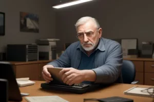 A frustrated individual at a cluttered desk, illuminated by a soft desk lamp. An unoriginal handshake stock photo glows on the screen. Overwhelming bills loom in the background, while a vibrant thought bubble bursts with imaginative ideas, contrasting the mundane scene.