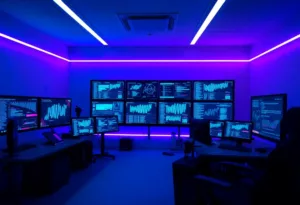 A sleek, futuristic workspace filled with digital screens displaying dynamic graphics and algorithms. Soft neon lighting glows blue and purple, creating a tech-savvy atmosphere. Minimalist design enhances focus.