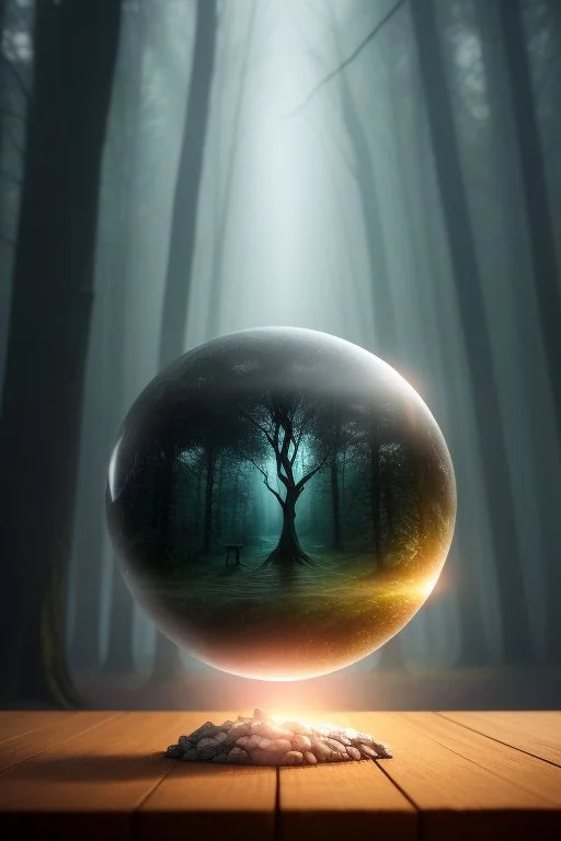 A crystalline orb shimmering with ethereal light, perched on an ancient wooden table. Glowing visions swirl inside, with a dark, misty forest background. Ominous shadows loom, capturing a mystical atmosphere.