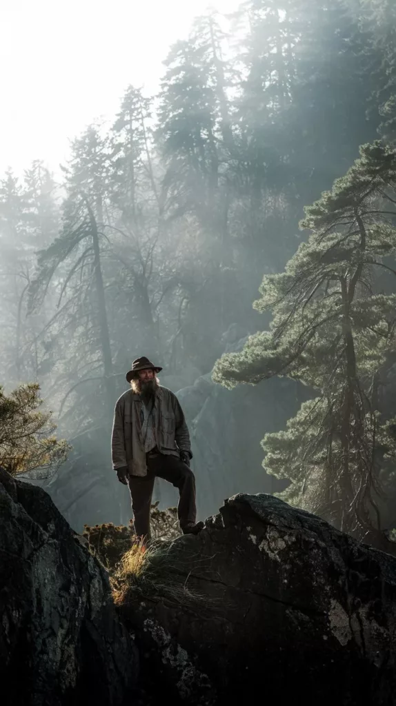 A rugged, weathered guide stands confidently on a rocky outcrop, surrounded by dense, misty forests. Sunlight filters through the trees, casting dappled shadows, enhancing the adventurous atmosphere.