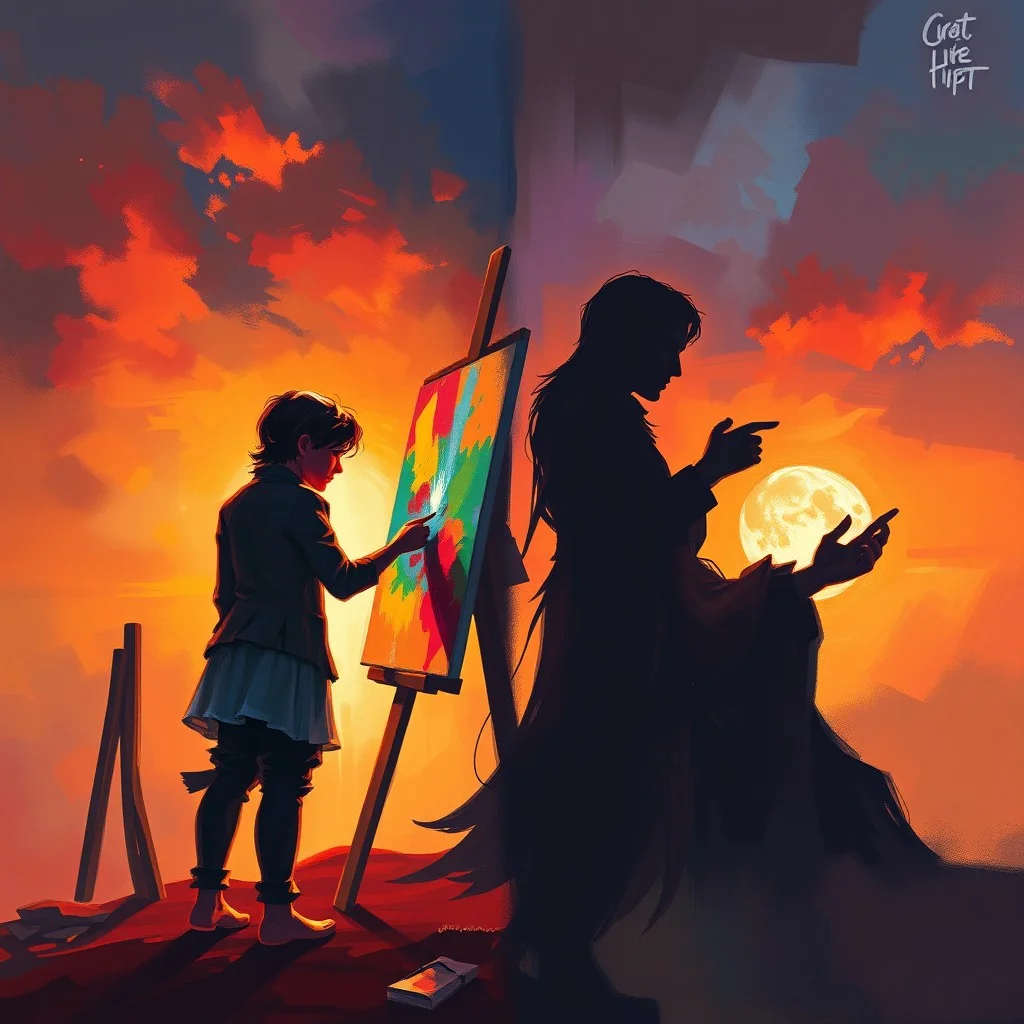 A dramatic digital painting depicting a split scene: on one side, a vibrant, colorful artist at a canvas, and on the other, a shadowy figure giving critiques. The backdrop blends warm sunrise hues with cool twilight shades, symbolizing creative tension. Soft, ethereal lighting casts dynamic shadows, emphasizing the contrast between imagination and judgment, in an impressionistic style.