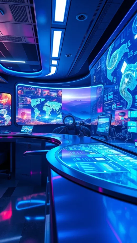 A sleek, high-tech workspace with luminous holographic displays showcasing vibrant AI-generated images, ambient blue and purple lighting, metallic surfaces reflecting information, and an ethereal digital landscape beyond.