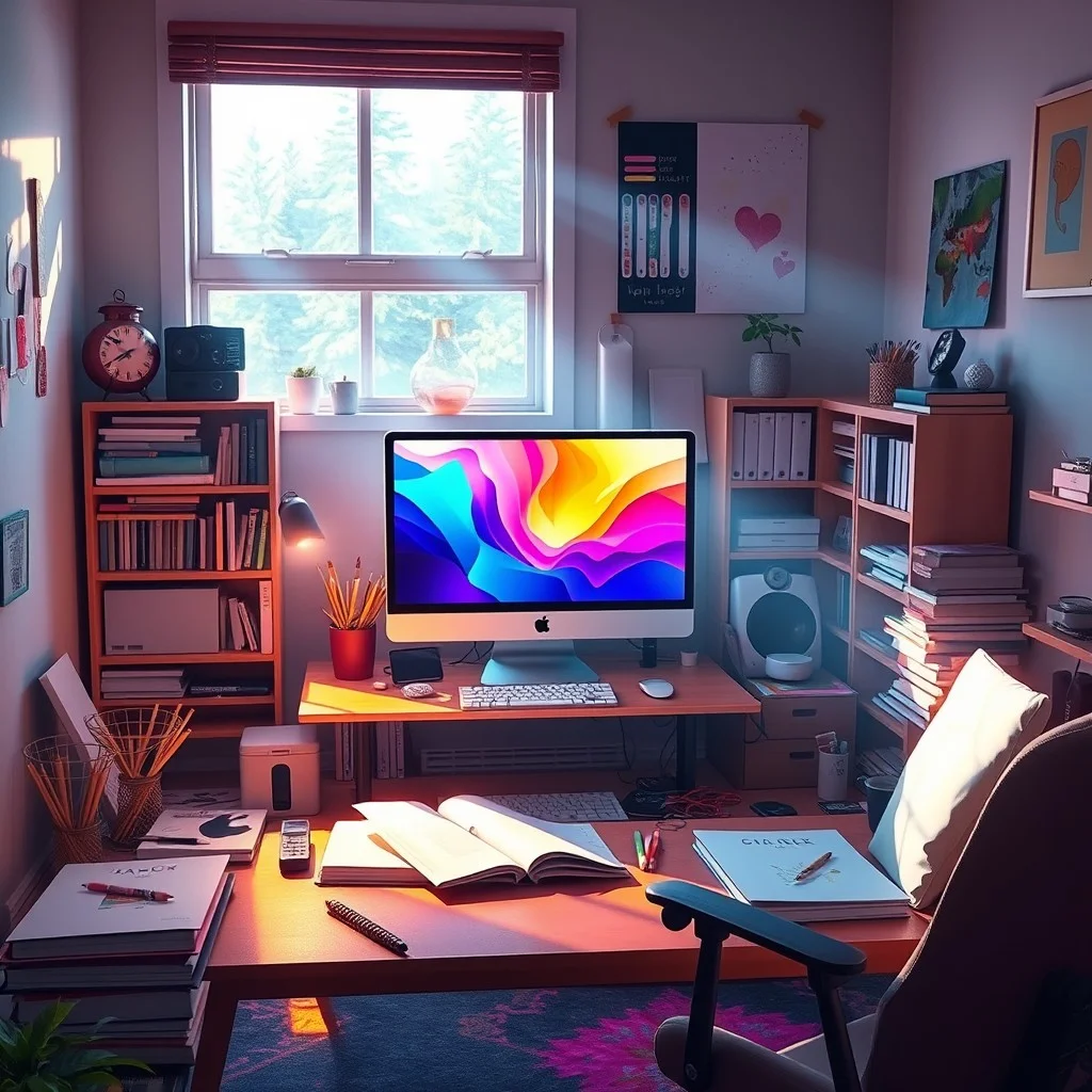 A serene digital workspace filled with vibrant colors; a glowing screen illuminates a cozy room, surrounded by art supplies and books, with soft morning light streaming through a window.