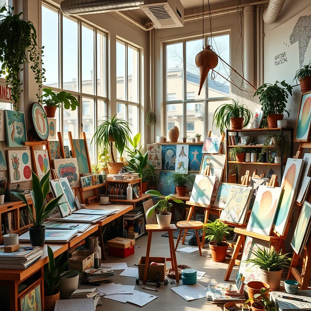 A bustling creative workspace, filled with unique art supplies, diverse colorful designs on canvases, warm natural light streaming through large windows, vibrant green plants, and scattered sketches, capturing originality and inspiration.