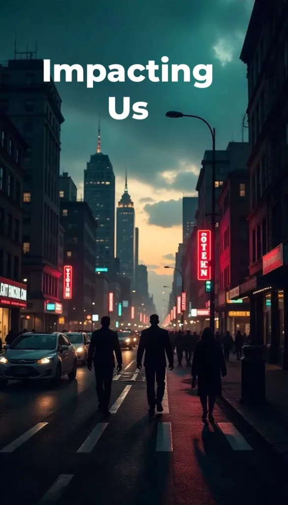 A somber cityscape at dusk, dark clouds looming overhead, gray silhouettes of weary workers trudging home. Flickering neon signs reflect their fatigue. A desaturated palette adds to the stark, oppressive atmosphere.