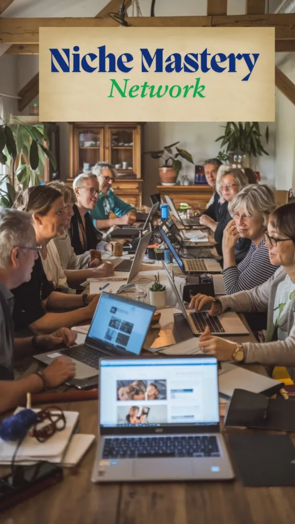 A photo of a group of middle-aged individuals sitting at a long table, discussing their niche blogs. There are laptops open in front of them, displaying various blog posts. The room has a rustic aesthetic, with wooden beams and furniture. There are also potted plants and a few personal items scattered around the room. The lighting is warm and inviting.