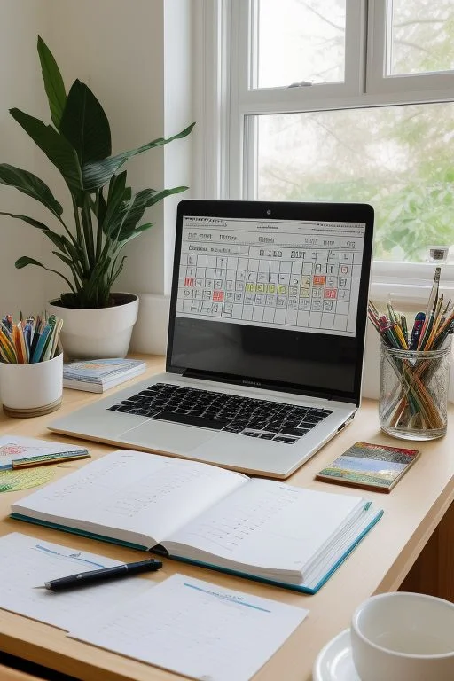 A meticulously organized workspace, adorned with vibrant charts, a detailed calendar, and a laptop displaying specialized research. The soft natural light casts a warm glow over the neatly arranged desk. This image, perhaps a photograph, captures the essence of productivity and meticulous attention to detail. Each item on the desk is carefully placed, creating a visually appealing and visually striking composition. The high resolution and clarity of the image bring out the vivid colors and intricate patterns, making it a captivating visual feast for the eyes.