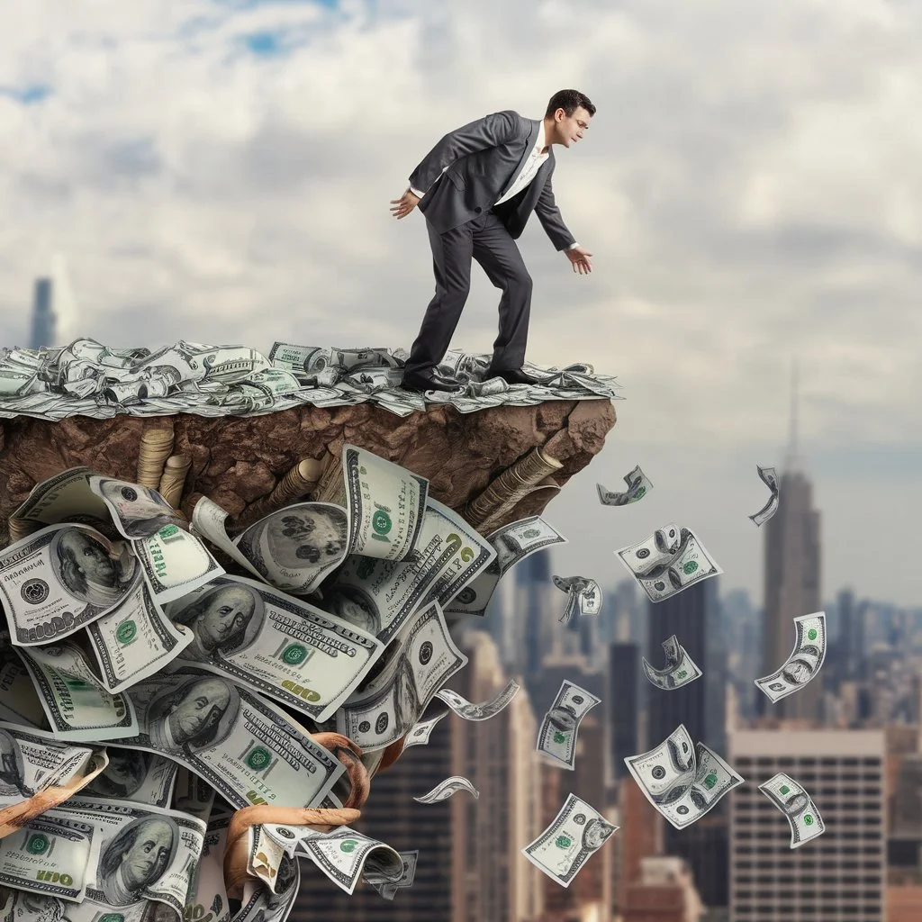 A cinematic shot of a man standing on the edge of a financial cliff. The ground beneath his feet is made of money, and the money is gradually crumpling and falling away. The man is wearing a suit and has a worried expression. The background is a city skyline.