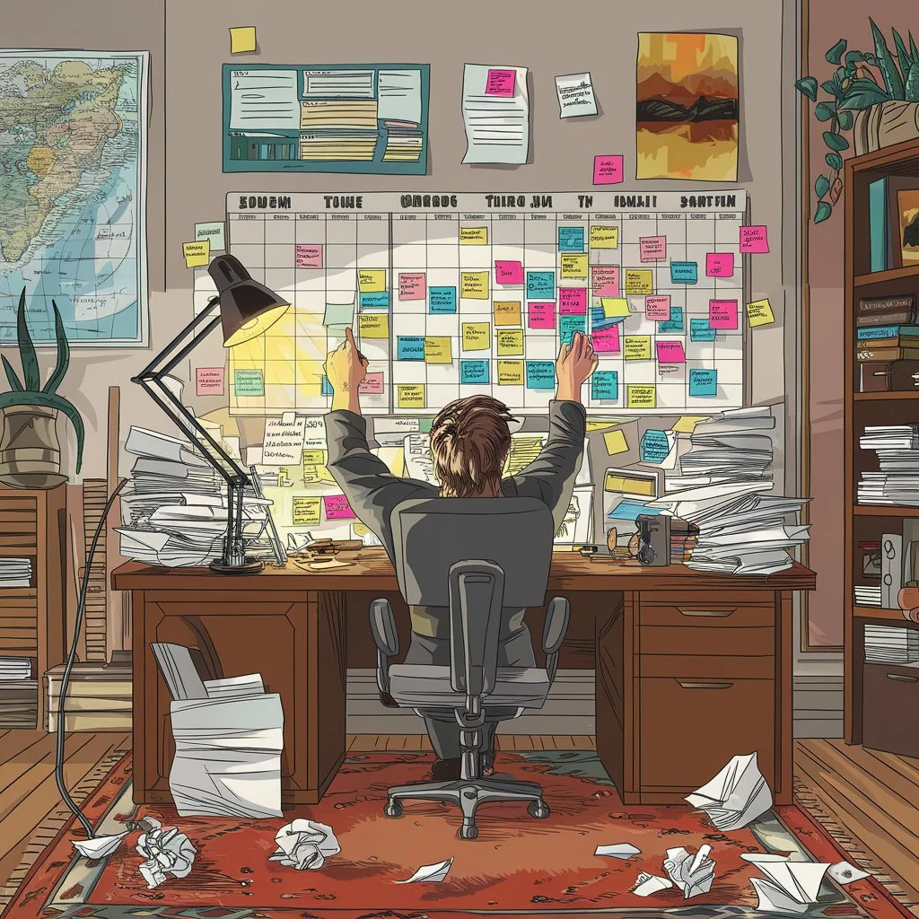 A cluttered desk scattered with crumpled papers, a flickering desk lamp casting warm light, a calendar filled with notes, and a determined person organizing tasks with colorful sticky notes in an inviting home office.