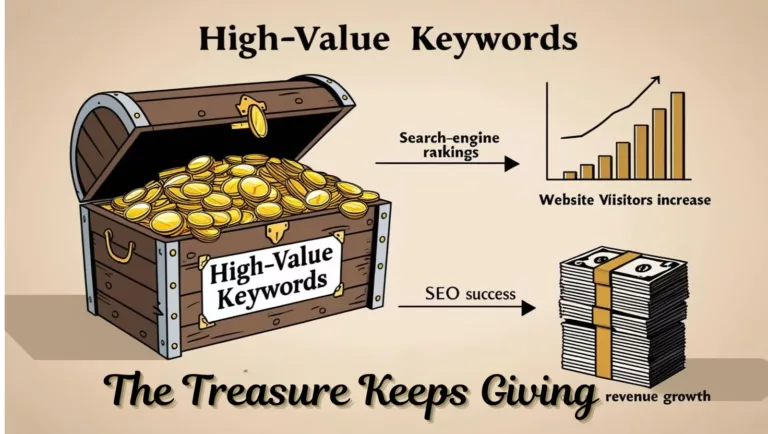 A minimalist illustration depicting a treasure chest overflowing with gold coins. The chest is labeled 'High-Value Keywords'. Arrows point from the chest to various elements representing SEO success: a rising search engine ranking graph, a growing number of website visitors, and a pile of cash symbolizing increased revenue.