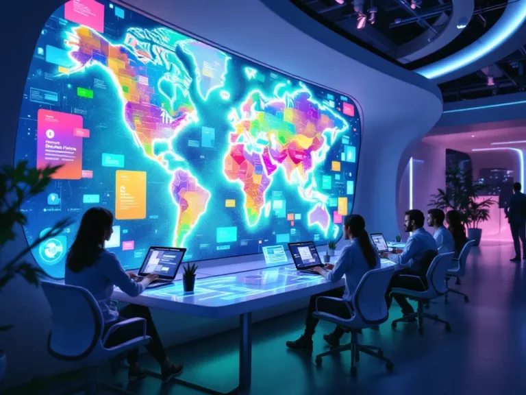 A futuristic workspace with a glowing digital map of trending blog topics, vibrant colors, soft blue lighting, and focused individual brainstorming ideas, emphasizing innovation and strategy in a sleek, modern style.