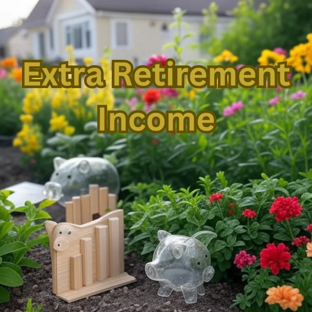 Setting: The backdrop is a quaint, cozy suburban home which symbolizes Linda's life and environment.
Garden: A lush, vibrant garden in the foreground represents her passion and expertise in gardening, which she turns into a blogging niche.
Financial Elements: There's a small, transparent piggy bank with a few coins inside, symbolizing her modest savings for retirement. Additionally, there's a line graph or chart with a downward trend, subtly indicating financial concerns or the realization that her savings are insufficient for retirement.