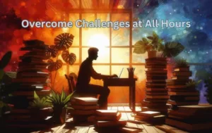 A determined blogger at a desk surrounded by stacks of books, sunlight streaming through a window, vibrant plants in the background, warm colors portraying motivation, in an inspirational, contemporary art style.