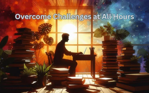 A determined blogger at a desk surrounded by stacks of books, sunlight streaming through a window, vibrant plants in the background, warm colors portraying motivation, in an inspirational, contemporary art style.