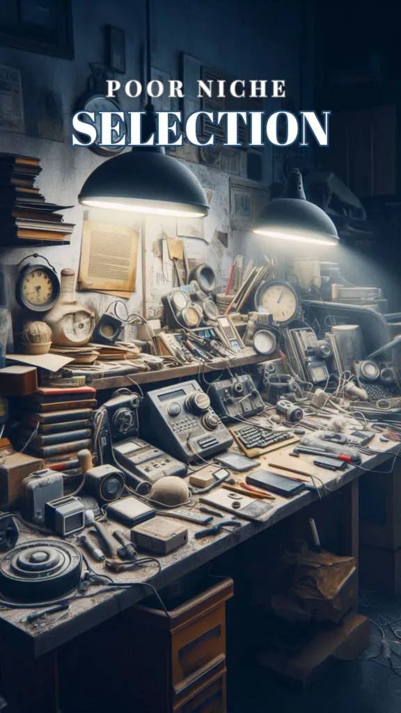 A cluttered workspace filled with neglected, dusty niche products, such as outdated gadgets and forgotten books. Harsh fluorescent lights overhead cast stark shadows, highlighting a sense of abandonment and missed opportunities.