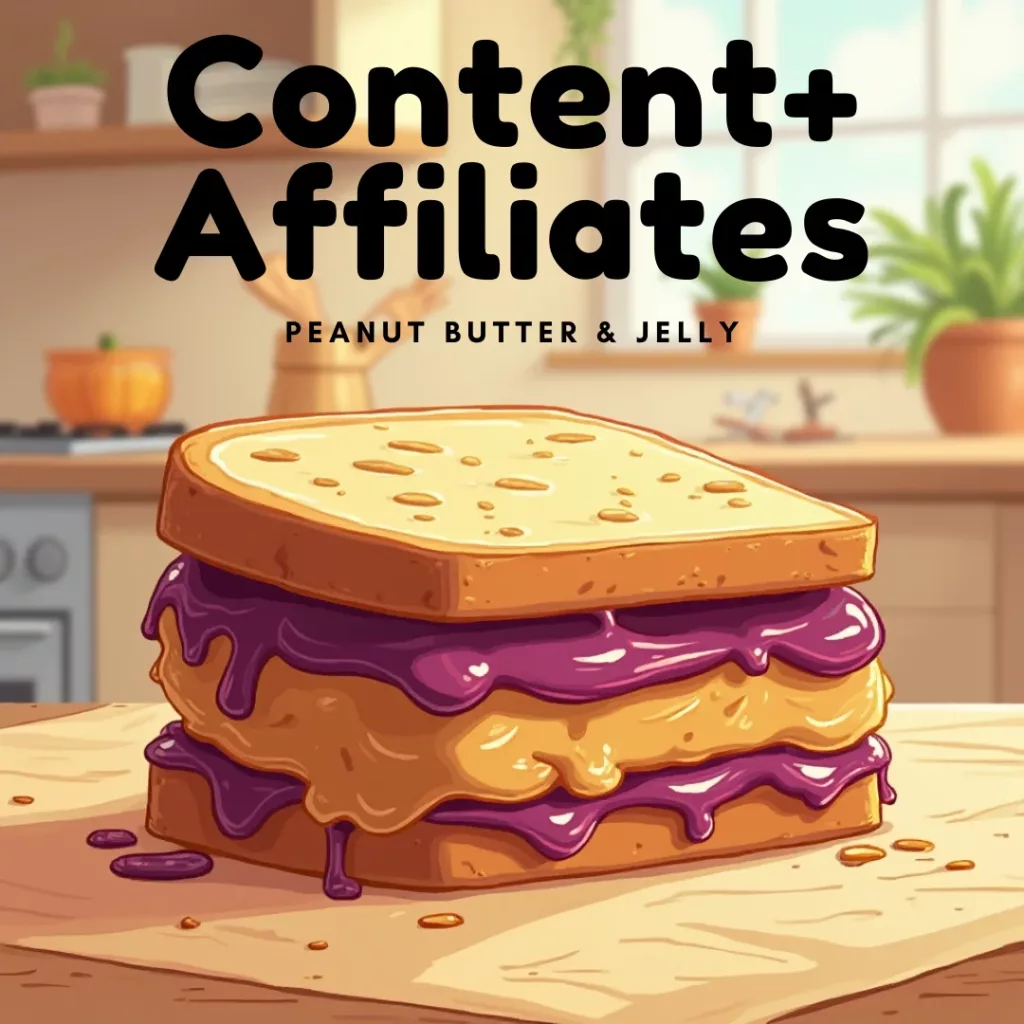 A cartoon Peanut Butter & Jelly sandwich with the heading of Content + Affiliates signifying that content & Affiliates goes together like PBNJ.