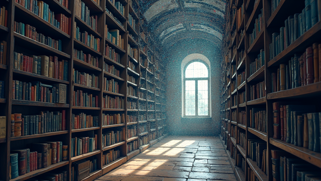 Knowledge Is Power... Is Dead 2 Stylized image of a traditional library morphing into an abstract digital cloud, stacks of books dissolving into binary code, symbolizing the transition from analog to digital knowledge.